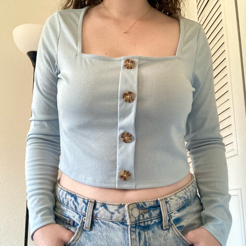 Wild Fable Light Blue Long Sleeve Button Crop Top